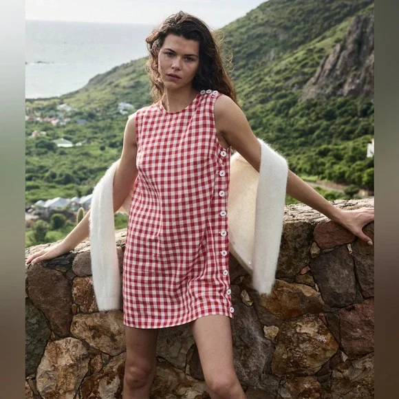 New Doen Coralie mini dress in scarlet Marilyn gingham - Picture 1 of 10